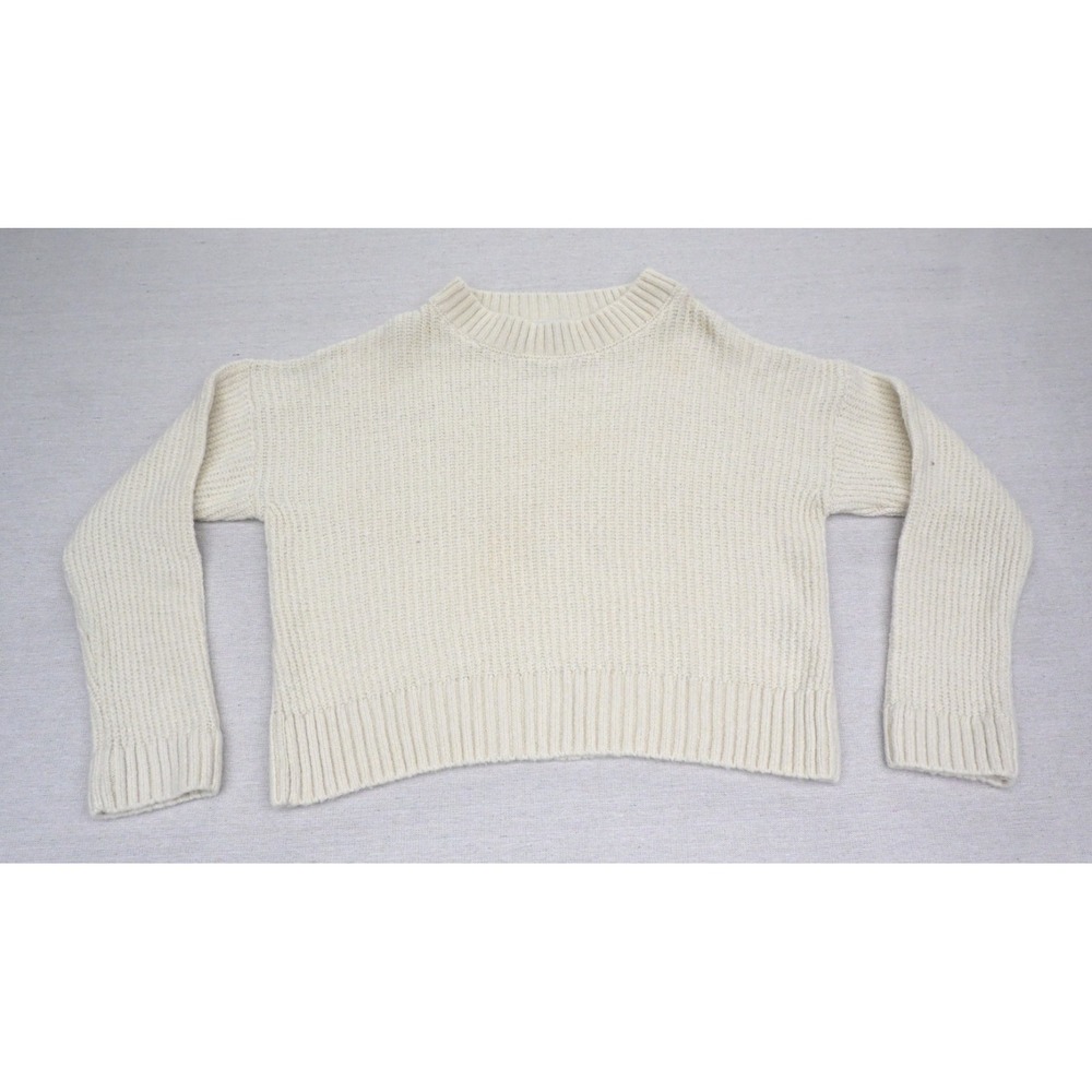Stradivarius Womens S Cream Cropped Mock Neck Sweater Wide Rib Knit Long Sleeve